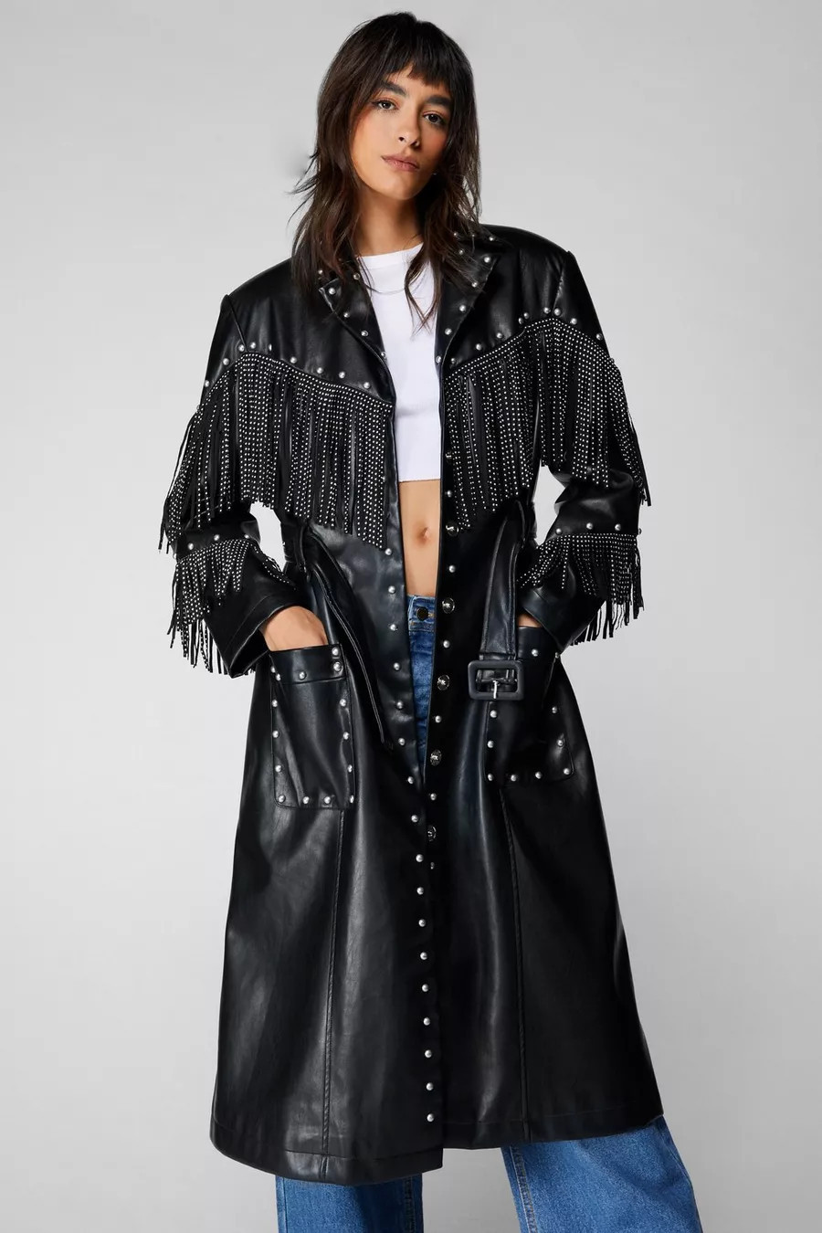 Premium Faux Leather Fringe Studded Western Trench Coat | Nasty Gal US