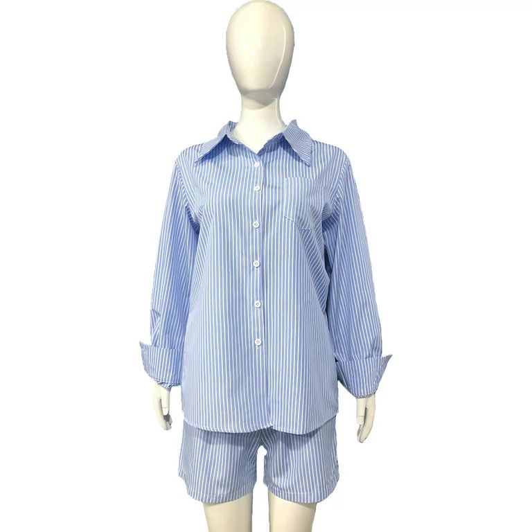 Ehfomius Women's 2 Piece Outfit Stripe Oversized Long Sleeve Shirt Button Tops Shorts Set Casual ... | Walmart (US)