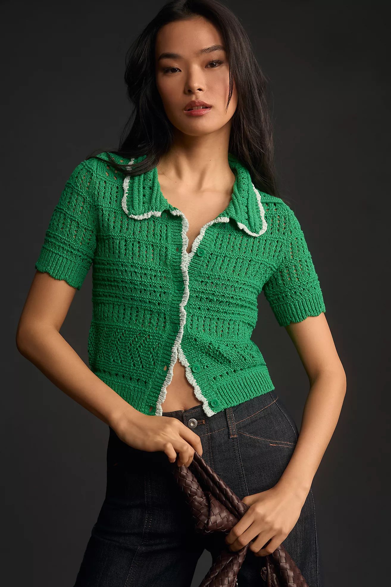 Maeve Short-Sleeve Open-Stitch Polo Cardigan Sweater | Anthropologie (US)