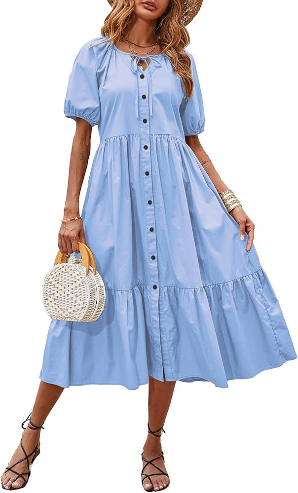 Amkoyam Women's Summer Casual Puff Short Sleeve Tie Neck Ruffle Loose A Line Midi Dress High Wais... | Amazon (US)