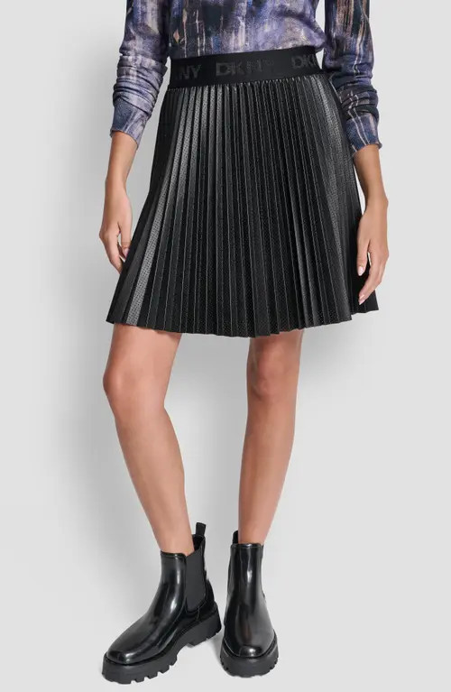 DKNY Pleated Faux Leather Miniskirt in Black at Nordstrom, Size Large | Nordstrom