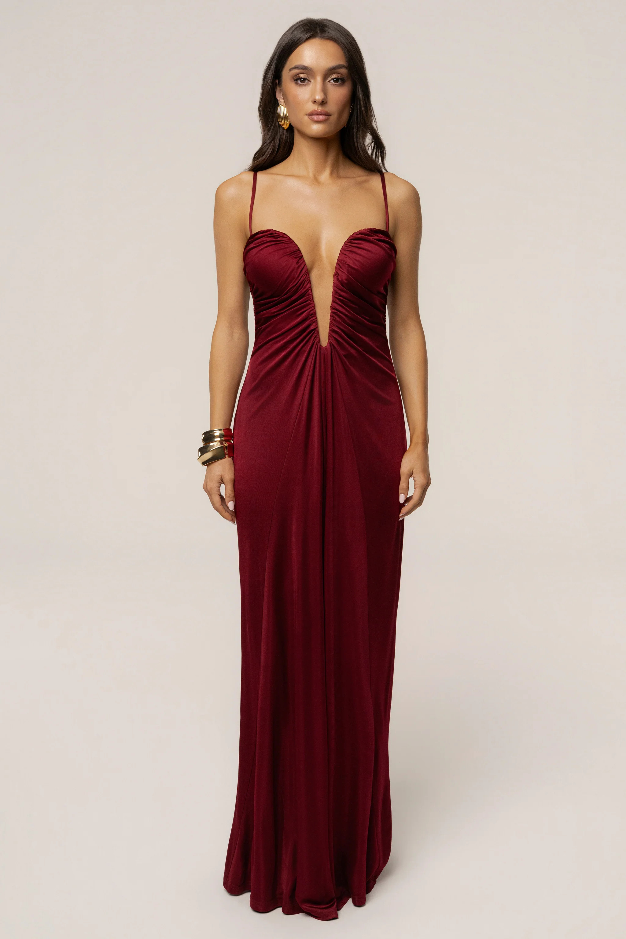 Burgundy Auric Deep Plunge Maxi Dress | JLUXLABEL US