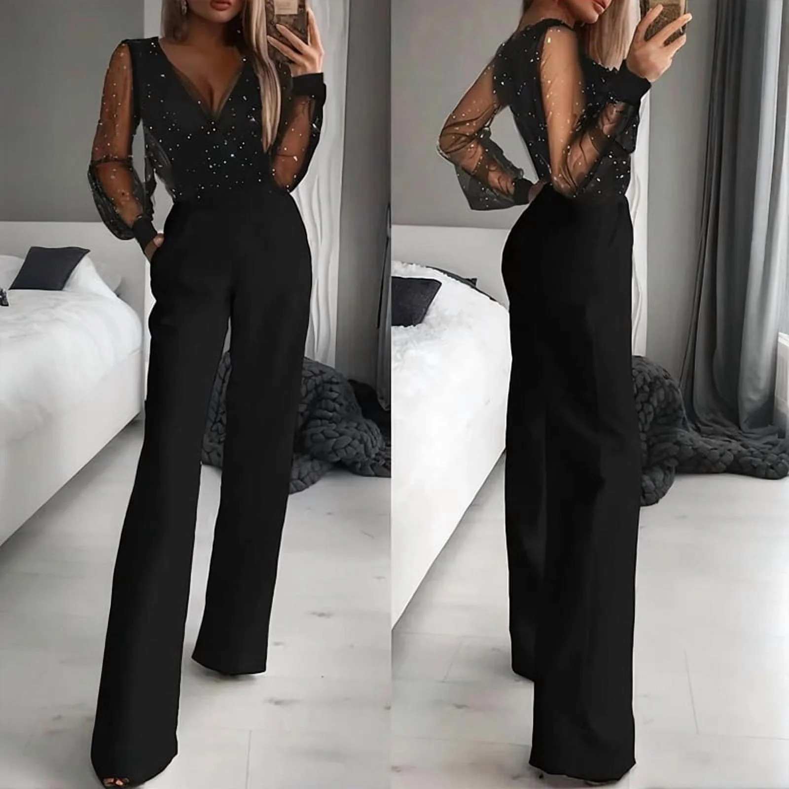 MORTTIC Women's Deep V-Neck Tulle Sequin Straight Leg Jumpsuit with Pockets Casual & Party Romper... | Walmart (US)
