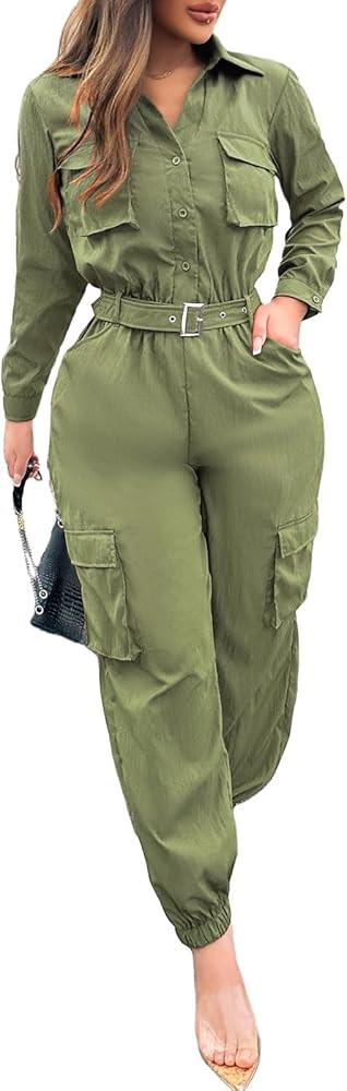 Gudasuo Jumpsuits for Women Long Sleeve Wide Leg Jumpsuit Casual Rompers With Pockets | Amazon (US)