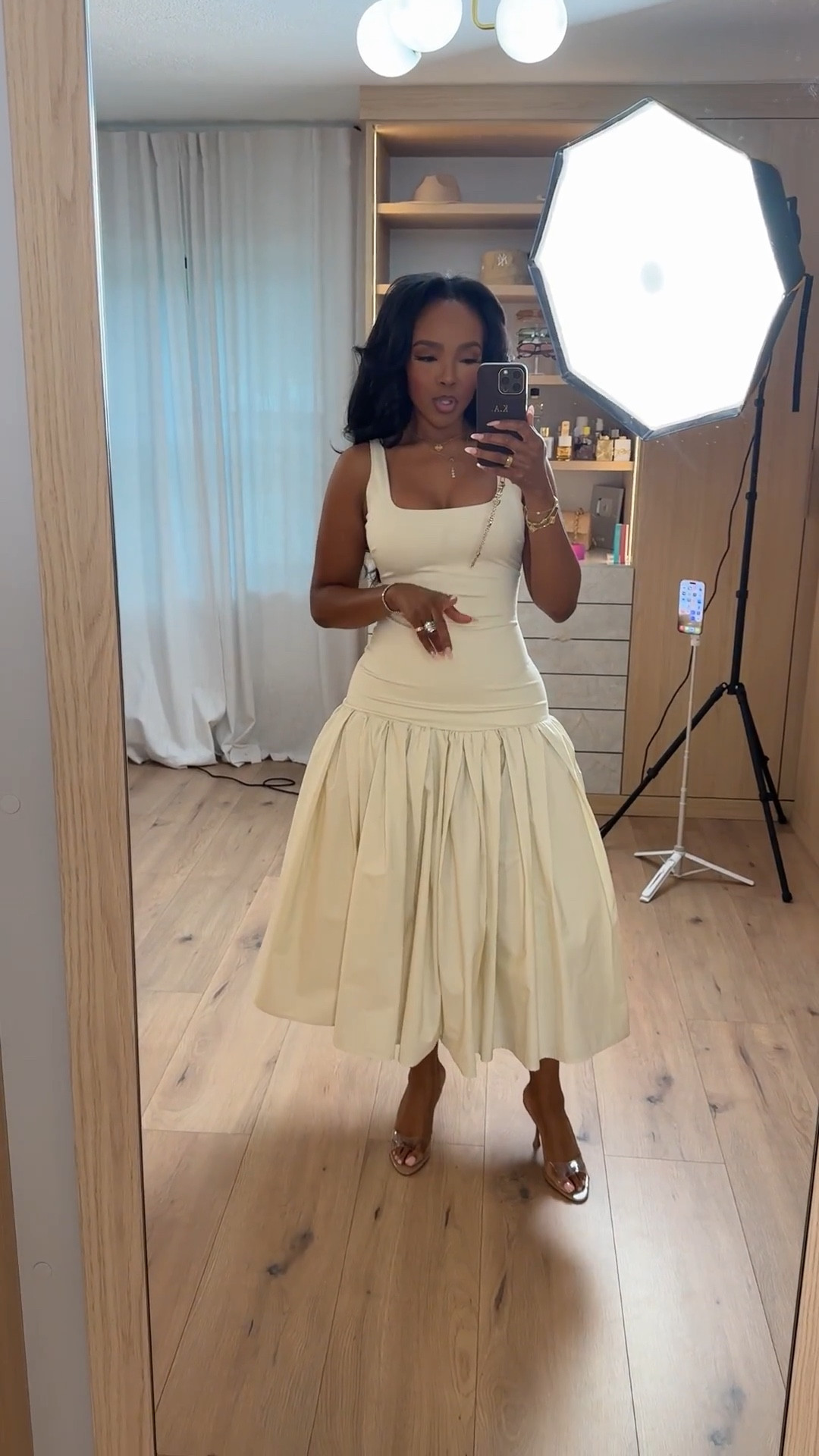 Scroll to shop this feminine neutral dress featuring a flattering fitted bodice and flowy midi skirt that gives the perfect effortless movement. This is one of those timeless pieces you can style up or down for seasons to come, making it a go-to staple where the cost per wear keeps dropping.

Perfect for brunch, vacations, date nights, baby showers, or spring and summer events.

5'4" | 138 lbs | 34D bust | 27" waist | 40" hips

Follow me on Instagram and YouTube @kirasfashionfinds

