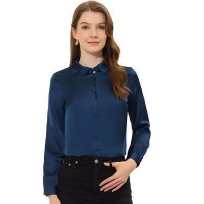 INSPIRE CHIC Women's Lapel Collar Button Up Long Sleeve Blouse X-Large Navy Blue | Target