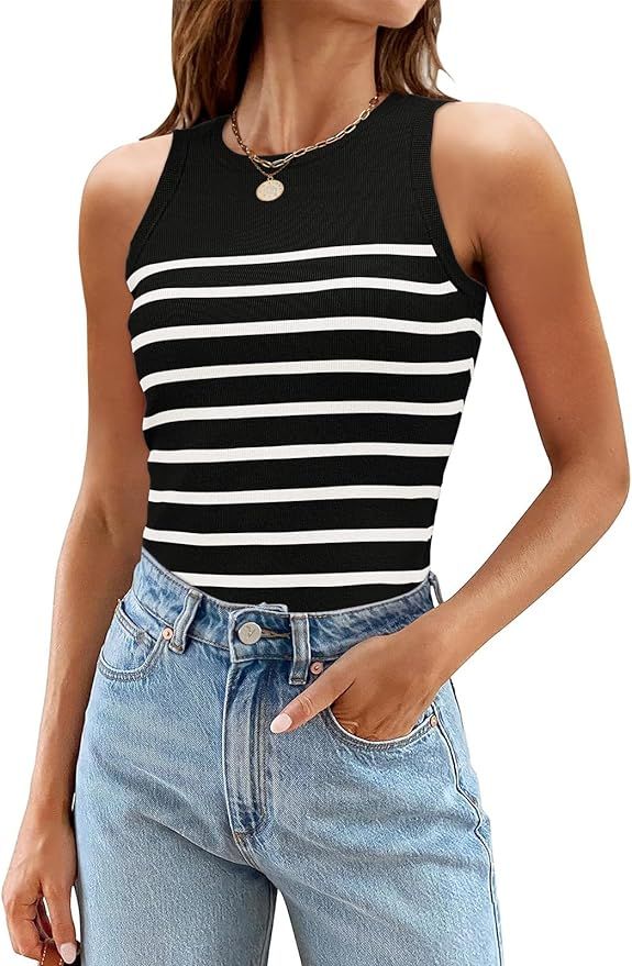 MEROKEETY Women's Ribbed Knit Tank Top 2024 Summer Casual High Neck Striped Sleeveless Shirts | Amazon (US)
