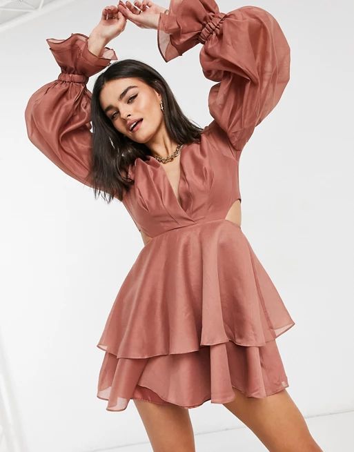 ASOS DESIGN pleated mini dress with blouson sleeve and cuff detail in rose | ASOS (Global)