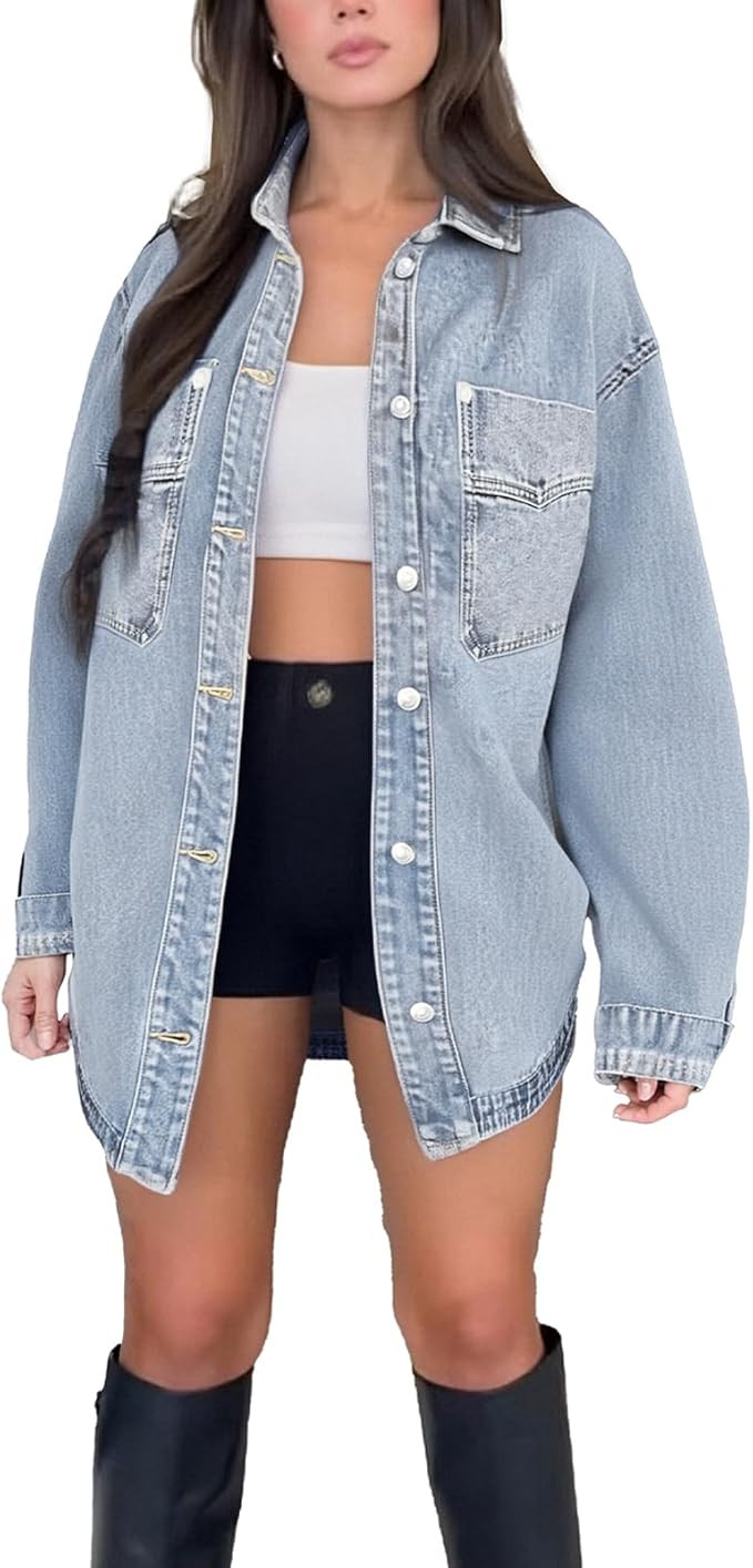Womens Denim Jacket Wash Jean Jacket Coats With Pockets | Amazon (US)