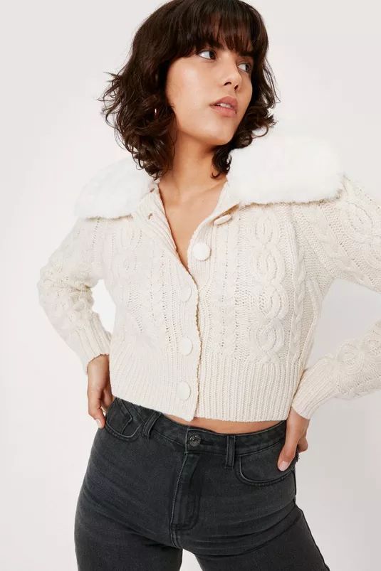 Faux Fur Cable Knit Button Cardigan | Nasty Gal (US)