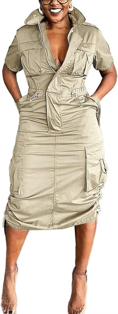 LROSEY Women Y2k Cargo Dress with Pockets Casual Short Sleeve Zip Up Ruched Drawstring Midi Utili... | Amazon (US)