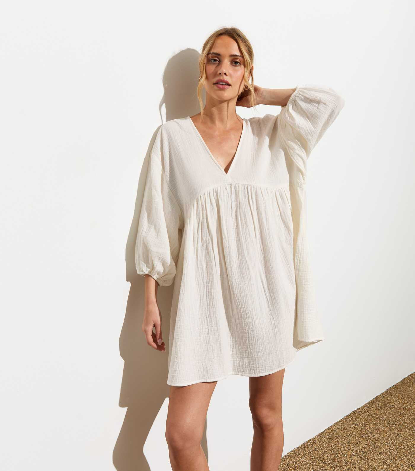 White Cotton V Neck Mini Smock Dress | New Look | New Look (UK)