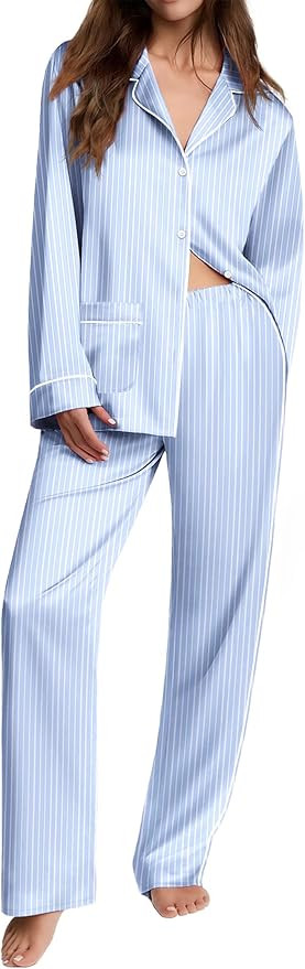 Ekouaer Womens Pajama Sets Satin Silk Pjs Classic Button Down Sleepwear Soft Long Sleeve Lounge S... | Amazon (US)
