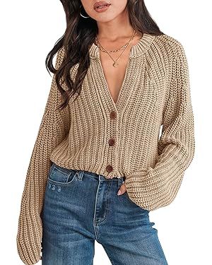 ReachMe Womens Fall Long Sleeve Cable Knit Button Down Cardigans V Neck Cropped Sweaters Chunky O... | Amazon (US)