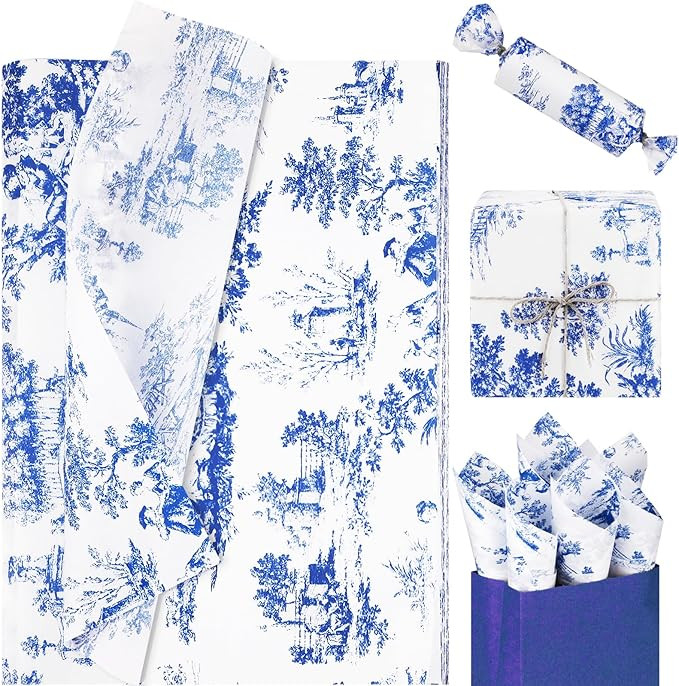 90 Sheets 20 * 14 Inches Blue French Vintage Print Tissue Bulk, Retro Blue French Lady Toile Gift... | Amazon (US)