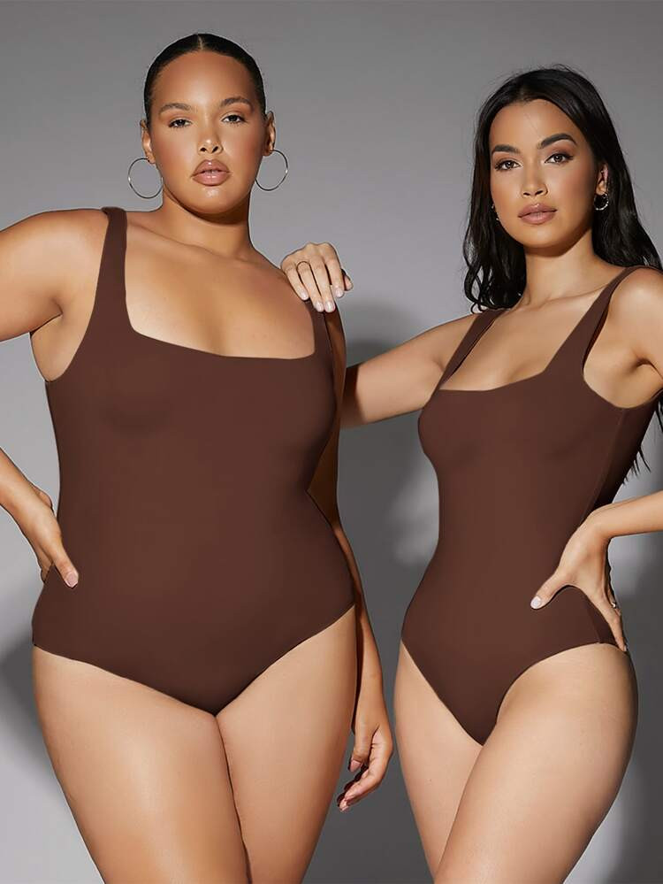 SHEIN CLUB 1pc Square Neck Solid Bodysuit | SHEIN
