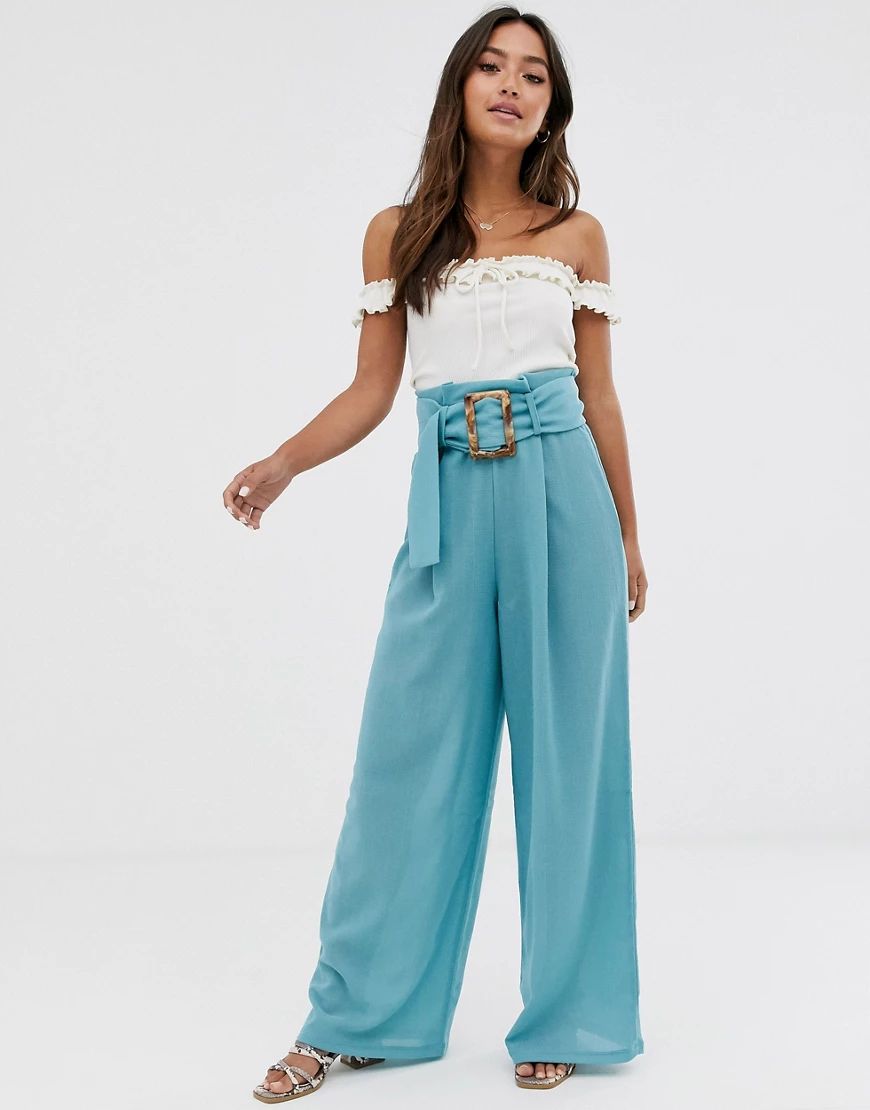 ASOS DESIGN textured wide leg pants with buckle-Blues | ASOS (Global)