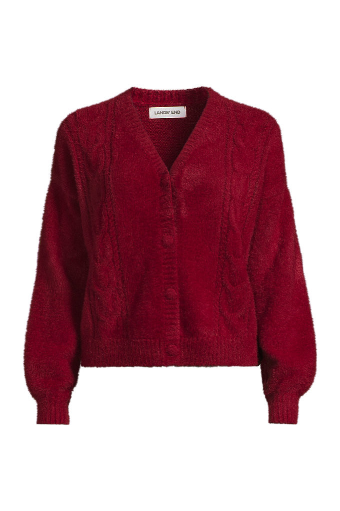 Women's Plus Size Fuzzy Eyelash Cable Cardigan Sweater - Lands' End - Red - 1X | Lands' End (US)