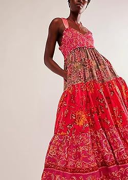 Women Summer Dresses Flowy Smocked Maxi Dress Sleeveless Tie Shoulder Boho Dresses Y2K Floral Bea... | Amazon (US)