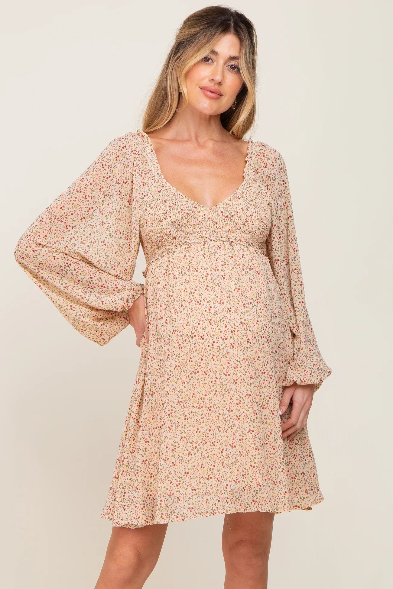 Beige Ditsy Floral Chiffon Smocked Maternity Dress | PinkBlush Maternity