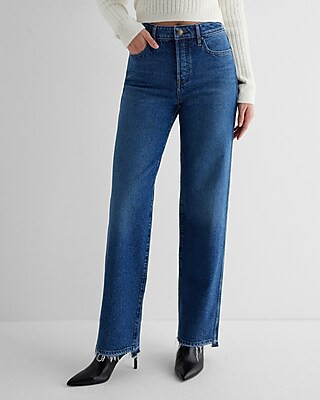 High Waisted Medium Wash Distressed Hem Relaxed Straight Jeans | Express