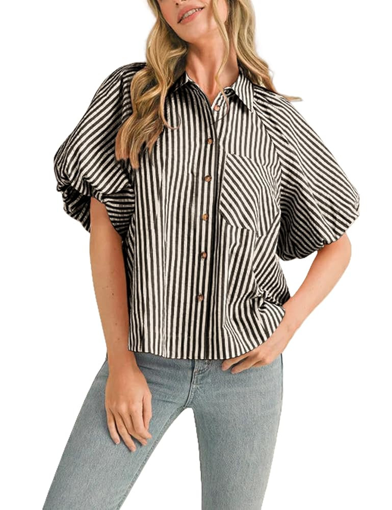 Women's Striped Button Down Shirt Puff Sleeve Collared V Neck Loose Casual Dressy Blouse Top | Amazon (US)