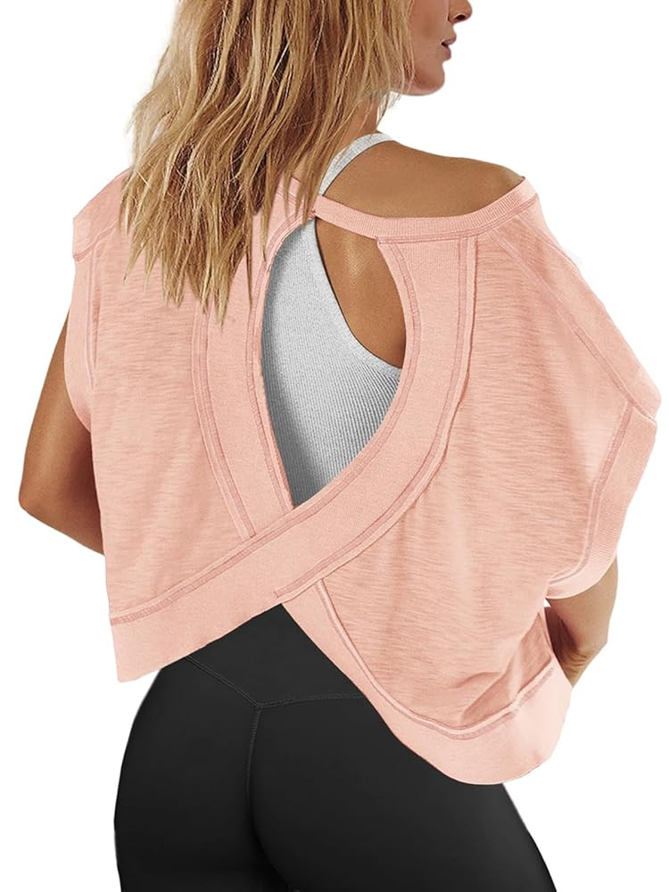Panadila Womens Open Back Workout Top Oversized Workout T Shirts Backless Athletic Shirt Short Sl... | Amazon (US)