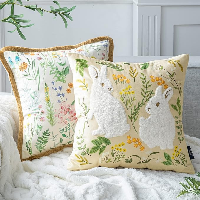 Phantoscope Pack of 2 Happy Easter Throw Pillow Covers - Tassel Trimmed Printed Colorful Flowers ... | Amazon (US)