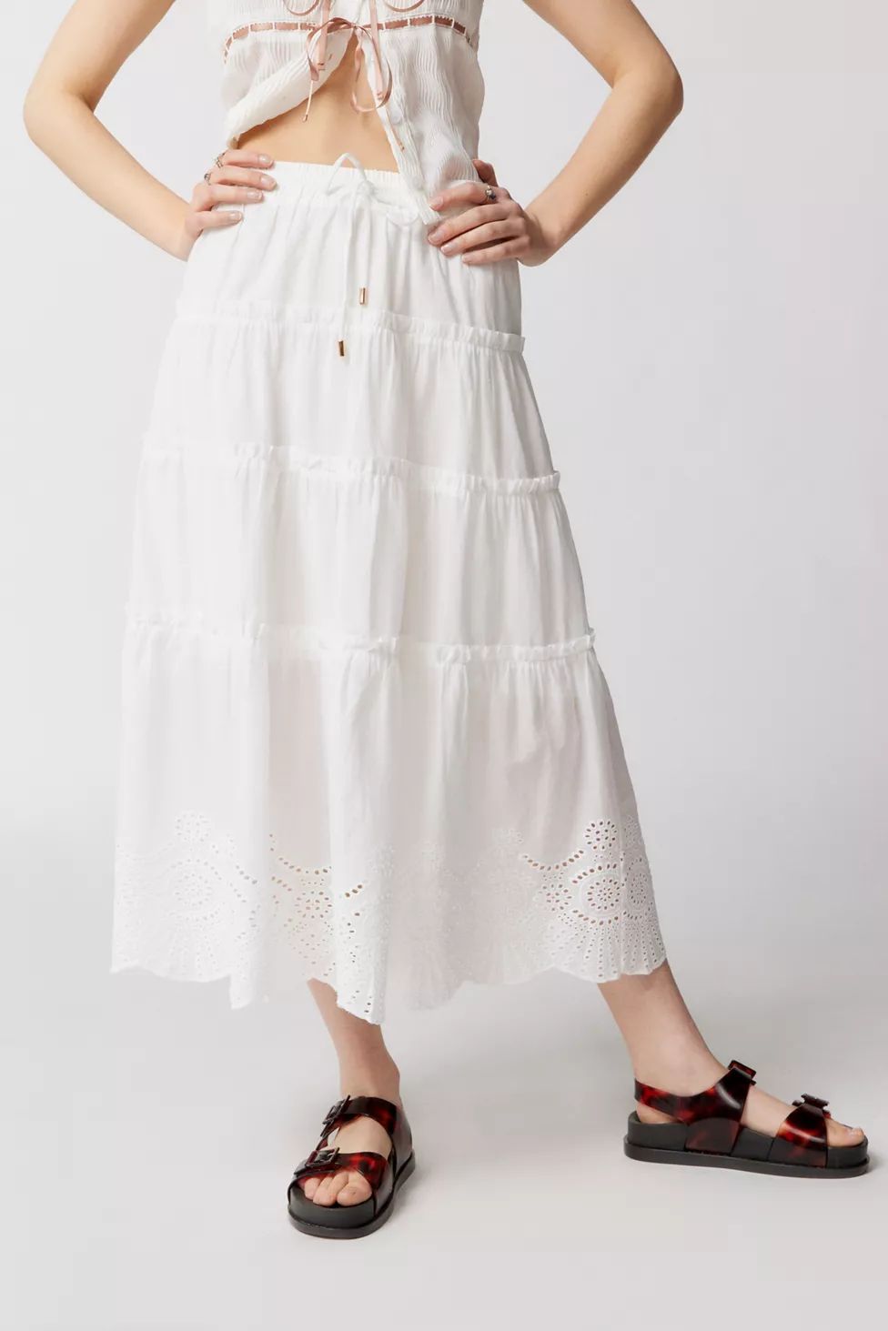 MINKPINK Starling Eyelet Tiered Midi Skirt | Urban Outfitters (US and RoW)