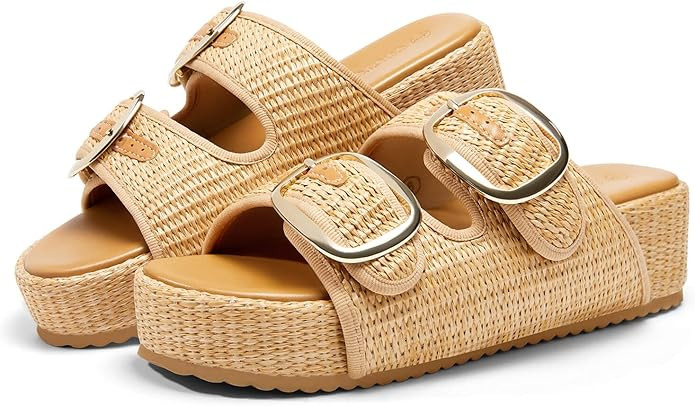 Coutgo Womens Platform Sandals Raffia Espadrilles Two Band Open Toe Slip On Slides Beach Vacation... | Amazon (US)