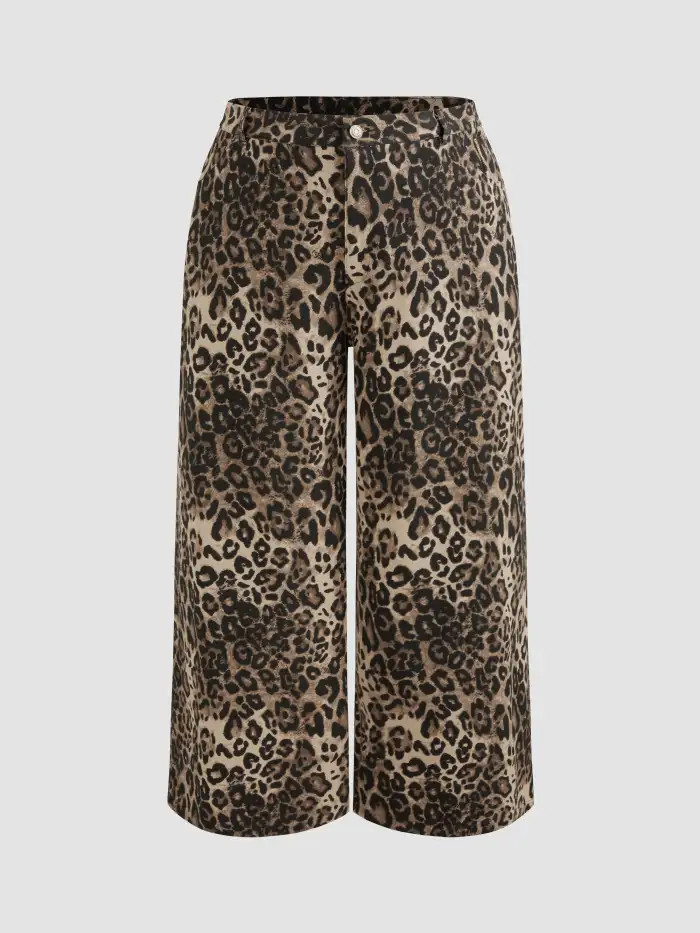 Denim Mid Waist Leopard Wide Leg Pants | Cider