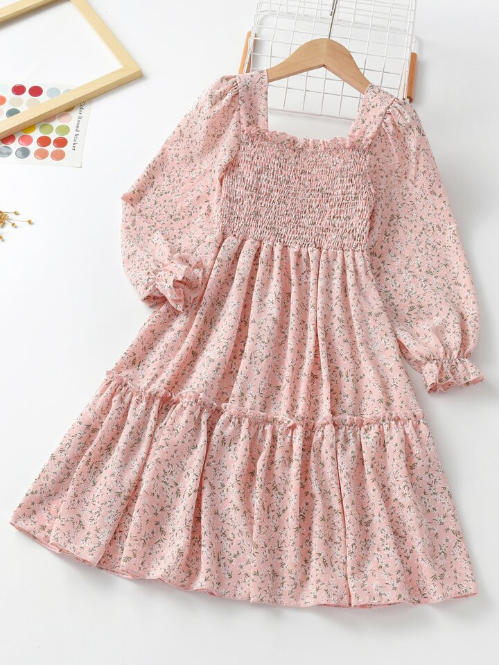 SHEIN Kids SUNSHNE Tween Girl Ditsy Floral Print Flounce Sleeve Frill Trim Shirred Dress | SHEIN