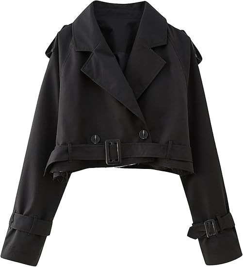 Xiaoxuemeng Womens Cropped Bike Jacket Casual Double Breasted Trench Coat with Belt | Amazon (US)