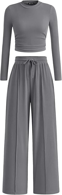 PRETTYGARDEN Women's 2 Piece Sets 2026 Fall Long Sleeve Crop Tops Wide Leg Pants Matching Outfit ... | Amazon (US)