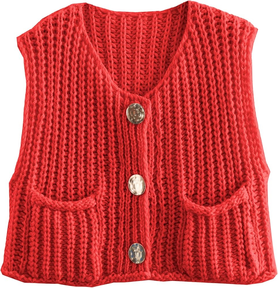 Hixiaohe Womens Crochet Chunky Knit Top Sleeveless Button Down Crop Tops Trendy Cardigan Sweater ... | Amazon (US)