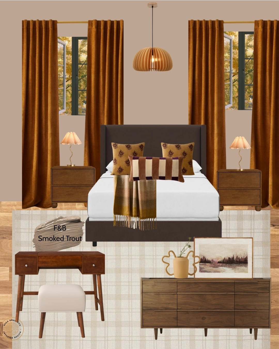 Gorgeous bedroom/mood board, velvet upholstered queen bed, neutral rug, wooden pendant light, Farrow & Ball paint, pillows from Lulu & Georgia, velvet curtains, dresser from Crate & Barrel, solid wood nightstands. #homedecor #falltrends #bedroominspo

#LTKHome #LTKFamily #LTKSeasonal