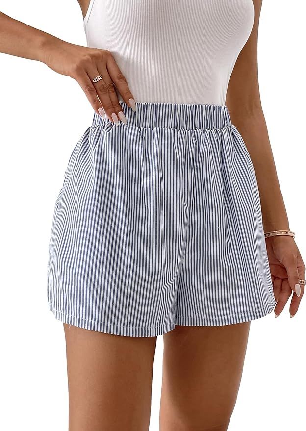 Floerns Women's Plaid Print Elastic High Waist Wide Leg Casual Shorts | Amazon (US)