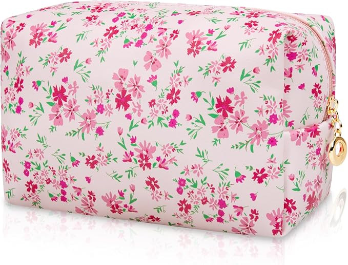 Floral Waterproof Makeup Bag, Leather Cosmetic Bag with Compartments, Zipper Make up Pouch Organi... | Amazon (US)