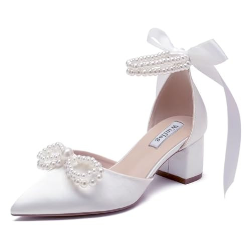 Block Heel Wedding Shoes for Bride Satin Pearl Bridal Heels Closed Toe Wedding Heels-White-6 | Amazon (US)