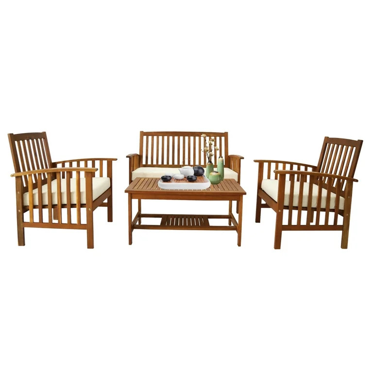Ktaxon 4 Pcs Outdoor Acacia Wood Sofa Furniture Set Cushioned Chair Coffee Table Garden | Walmart (US)