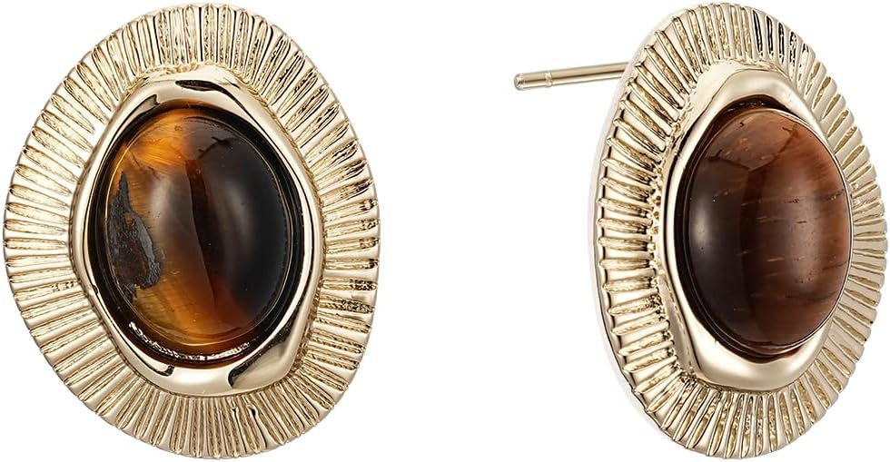 Tiger Eye Stud Earrings for Women Gold Post Earring Round Gemstone Earrings Vintage Elegant Jewel... | Amazon (US)
