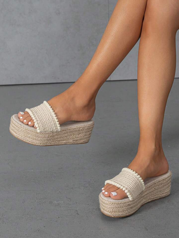 Women Pom Pom Trim Sandals, Vacation Summer Wedge Slide Sandals | SHEIN
