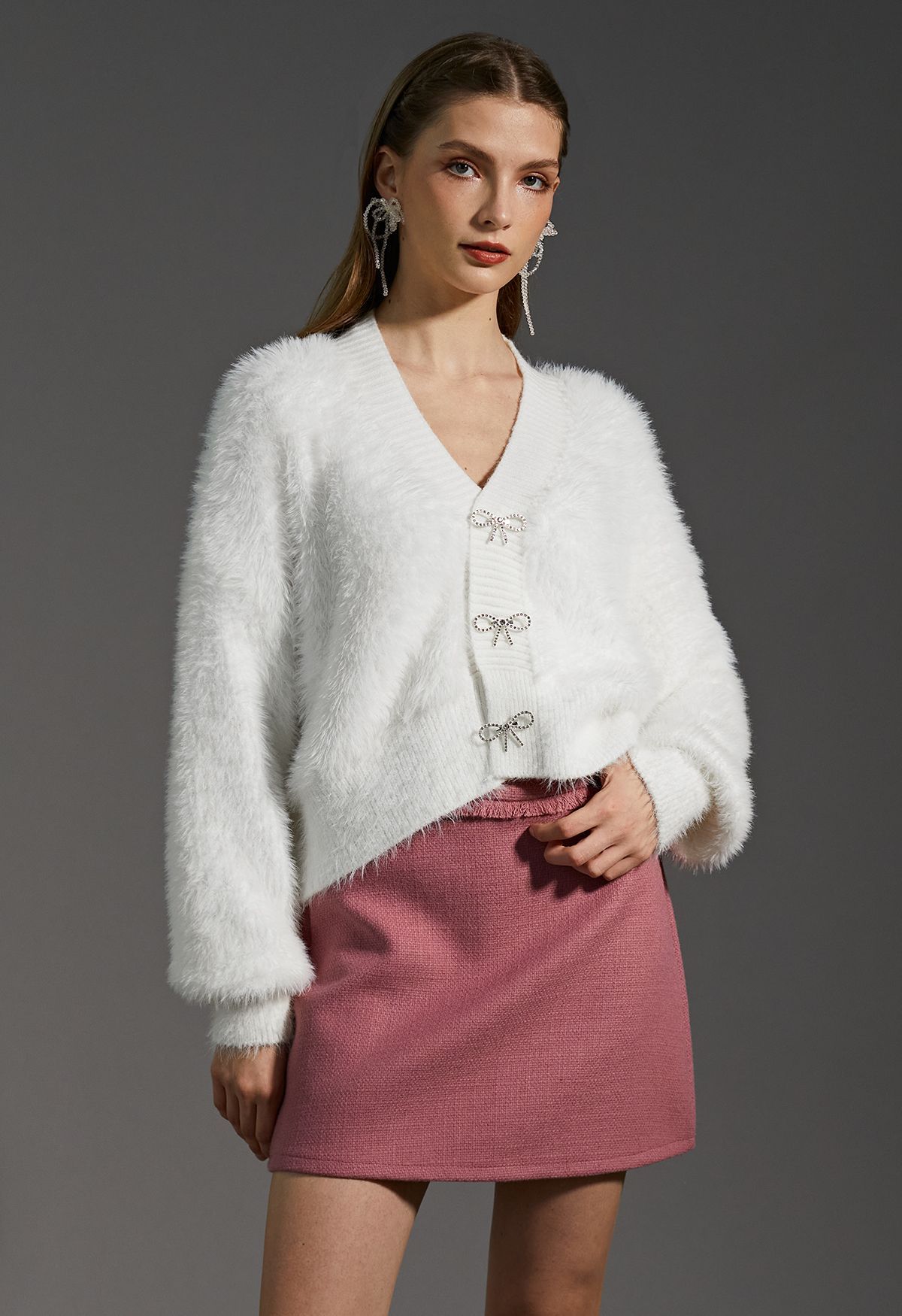 Bowknot Brooch Fuzzy Knit Cardigan in White | Chicwish