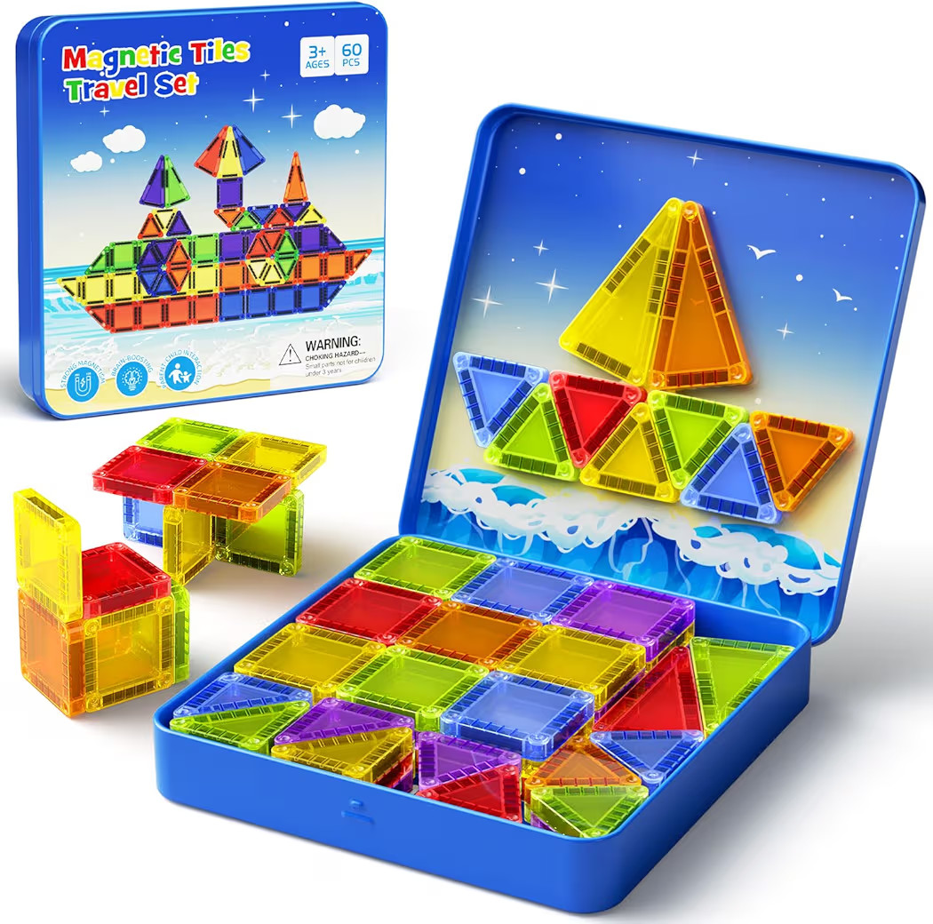 60PCS Mini Magnetic Tiles Travel Set with Metal Storage Box, Magnetic Blocks Kids Toy 3D Clear Ma... | Amazon (US)