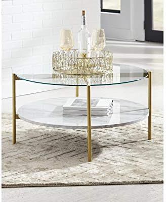 Signature Design by Ashley Wynora Contemporary Round Coffee Table with Glass & Faux Marble, White... | Amazon (US)