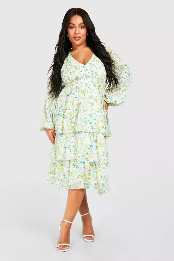Plus Dobby Floral Tiered Midi Skater Dress | boohoo (US & Canada)