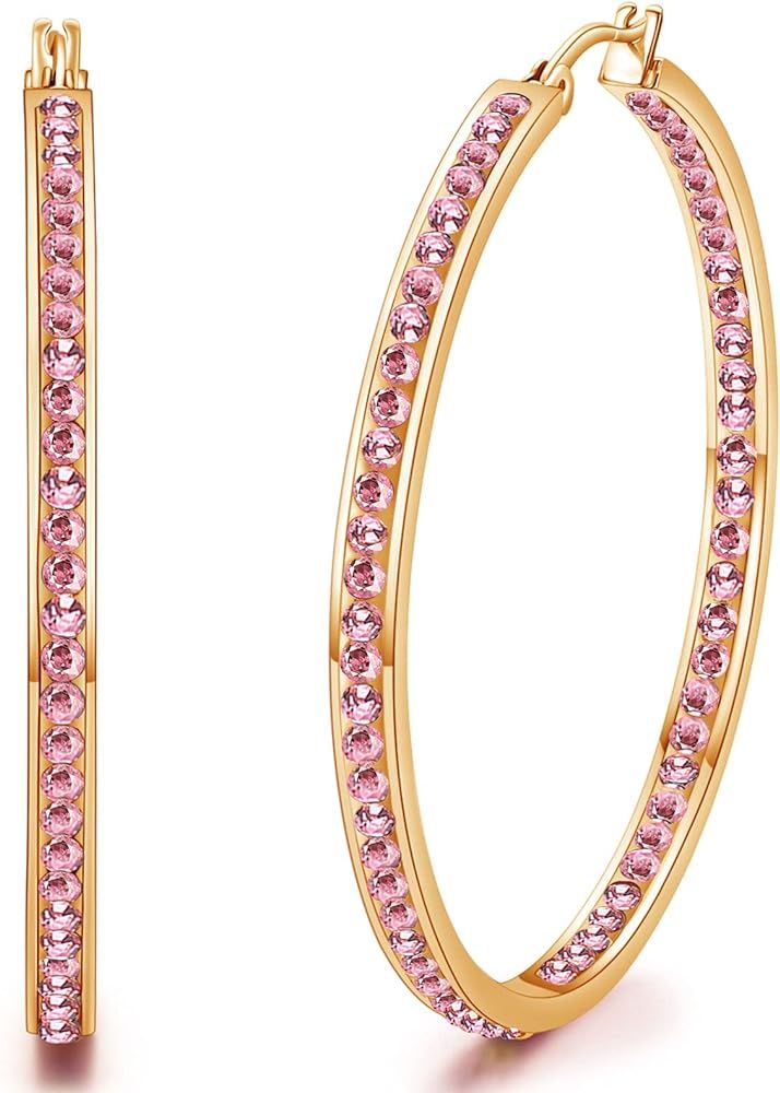 weinuo 2 Inch Stunning Stainless Steel Mult-colors Cubic Zirconia Hoop Earring for Women Hypoallerge | Amazon (US)