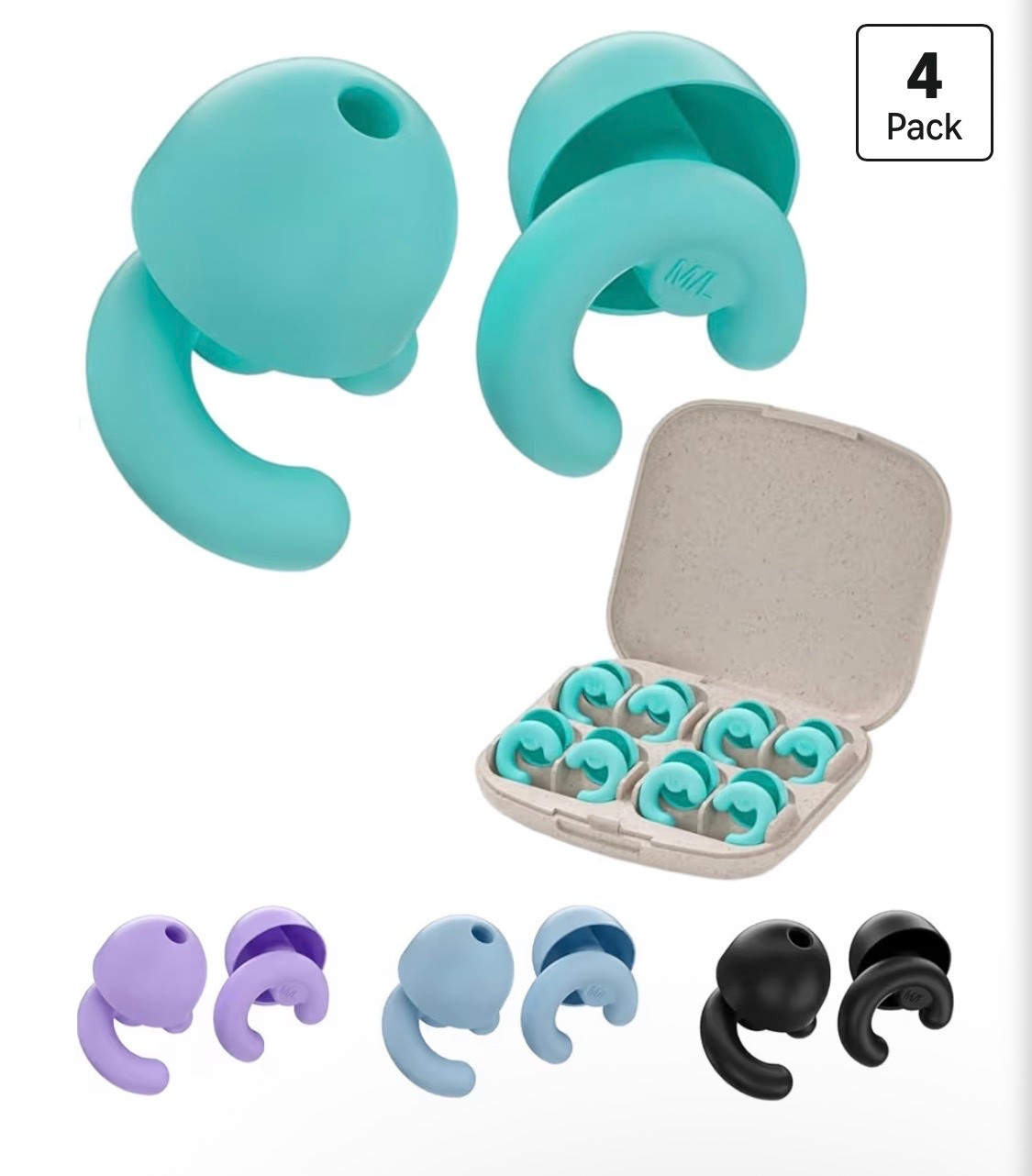 Noise Cancelling Ear Plugs for Sleep, Small Ear Fit - No-Pain for Side Sleepers, 50dB NRR Reusable Silicone One-Piece Design, 4 Sizes for Adults & Kids, Portable Case (Green, 4 Pair)