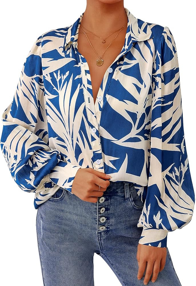 PRETTYGARDEN Women's Floral Blouses Dressy Casual V Neck Button Down Shirts Lantern Long Sleeve B... | Amazon (US)