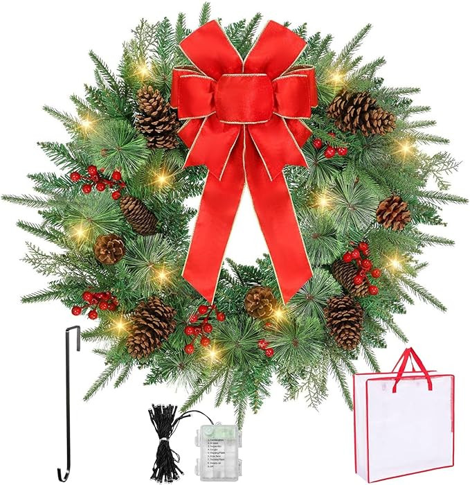 30 Inch Christmas Wreath Decorations,Artificial Wreaths with 70 LED Lights 8 Modes & Timer,Batter... | Amazon (US)